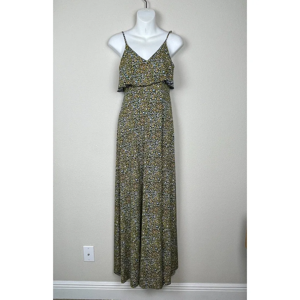 Michael Michael Kors Maxi Dress XS Yellow Green Floral Ruffle Spaghetti Strap